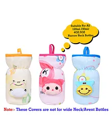 The Little Looker Plush Bottle Cover with Elastic Neck Pack of 3 Blue Yellow Pink - Fits 120 ml Bottle