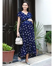Mine4Nine Short Sleeves Flower Print Maternity Dress - Blue