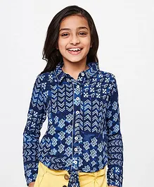 Global Desi Girl Shirt Style Printed Full Sleeves Knot Top - Blue