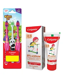 Colgate Kids 2+ yrs Gentle Soft Toothbrush - 3Pcs & Colgate Kids 3-5 yrs Toothpaste Natural Strawberry Flavour 80 gm