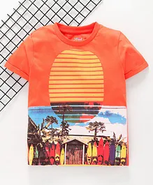 Ventra Half Sleeves Beach Theme Print Tee - Orange