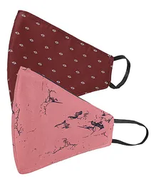 AKSHARA 2Ply Printed Pack Of 2 Mask - Maroon & Peach