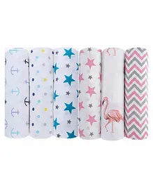 Haus & Kinder 100% Cotton Muslin Chevron & Star Printed Swaddle Wrappers Set of 6 - Multicolour