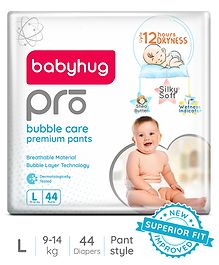 Babyhug Pro Bubble Care Premium Pant Style Diaper Large (L) Size - 44 Pieces - New & Improved Superior Fit