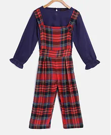 Pspeaches Full Sleeves Puffed Solid Color Top With Checked Dungaree Set  - Red & Blue
