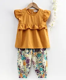 BownBee Ruffled Short Sleeves Top With Printed Pant - Yellow & White