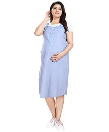 Mamma's Maternity Half Sleeves Solid Cotton Maternity & Feeding & Nursing Dress  - Cornflower Blue