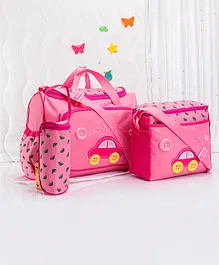 Car Embroider Diaper Bag Set - Pink