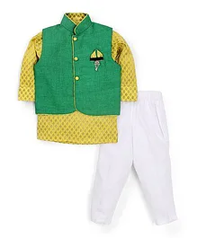 Active Kids Wear Jodhpuri Kurta And Pajama With Jacket Brooch Design - Green And Yellow