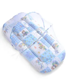 Babyhug Cotton Blend Mosquito Net With Mattress And Pillow Blue - Multi Print