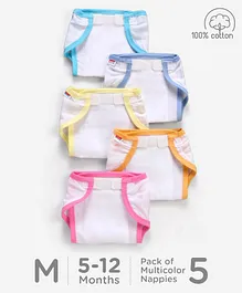 Babyhug 100% Cotton Cloth Nappies With Velcro Medium Set Of 5 - Multicolor
