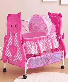 Babyhug Happy Kitty Print Bassinet with Mosquito net and detachable inner storage basket - Pink