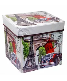 Fiddlerz Paris Travel Theme Foldable Storage Box Cum Stool - White