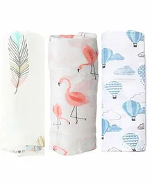Elementary Organic Cotton Muslin Swaddle Wrapper Flamingo Feather & Hot Air Balloon Print Set of 3  - Pink & Blue  