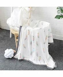 Elementary 100% Organic Muslin Cotton Reversible Dohar Blanket Feather Print - White & Grey