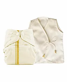 Bumberry Pocket Diaper with Vest Kasavu Border - Cream Golden