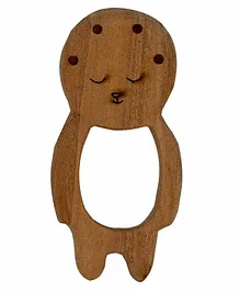 Wufiy Wooden Baby Shape Neem Teether Glazed With Virgin Coconut Oil & Cotton Bag - Brown