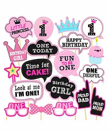 Party Propz 1st Birthday Photo Booth Props Pink Black - Pack of 19