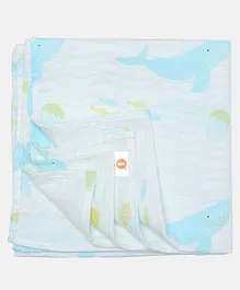 Ooka Baby Muslin Cotton Swaddle Wrapper Whale Print - White Blue