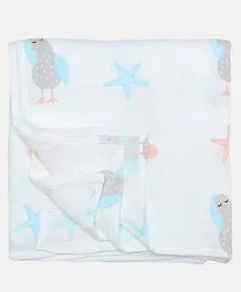 Ooka Baby Muslin Cotton Swaddle Wrapper Seagull Print - White Peach