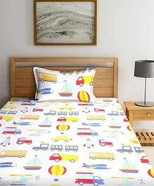 SWHF Single Bedsheet with Pillow Cover Vehicle Print - White
