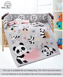 Babyhug 100% Cotton Crib Bedding Set Panda Print Regular - Grey (Cot not Included)