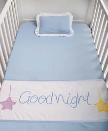 Blooming Buds Cotton Cot Sheet and Pillow Cover Good Night Embroidery - Blue