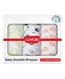 LuvLap 100% Muslin Cotton Baby Swaddle Wrappers Animal Print - White
