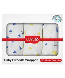 LuvLap 100% Muslin Cotton Baby Swaddle Wrapper Triangle Print Pack of 3 - White