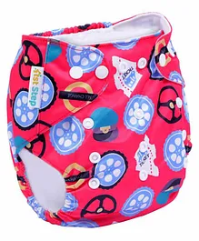 1st Step Size Adjustable Reusable Diaper With Diaper Liner Wheels Print - Red 