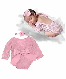 Babymoon Lace Romper with Hairband Photoshoot Props Costume - Pink