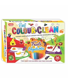 Ankit Toys 2 in1 Activity Colour and Clean Pack Fruits & Vegetables Reusable Jumbo Flash Cards Coloring Kit Set of 24 - Multicolour