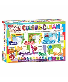Ankit Toys 6 in1 Activity Colour and Clean Pack Animals Birds Fruits Vegetables Transports & Shapes Reusable Jumbo Flash Cards Coloring Kit Set of 72 - Multicolour