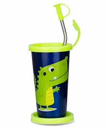 Falcon Steel Straw Sipper Glass With Lid Roll No 21 Print Blue Green - 370 ml