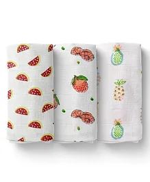 Mom's Home Baby Muslin Swaddle Pack of 3 Fruits Print - White