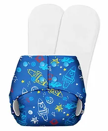 SuperBottoms Basic Pocket Diaper with 2 Inserts Rocket Print - Blue