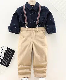 Babyhug Full Sleeves Shirt & Trouser With Suspenders Leaves Print - Blue Beige