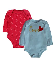 Kadam Baby Set Of 2 Full Sleeves Polka Dot & Love Printed Onesie - Red & Blue