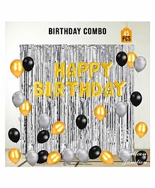 Balloon Junction Happy Birthday Letter Foil Decoration with Metallic Silver Gold Black Balloons and Curtains - Pack of 45