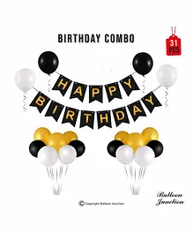 Balloon Junction Birthday Decoration Banner Kit with Black Golden Silver Balloons - Pack of 31