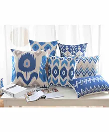 Elementary Premium Cotton Ikat Theme Cushion Covers Pack of 6 - Blue & Grey