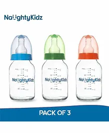 Naughty Kidz 3 Glass Feeding Bottles with 6 Nipples Orange Blue Green - 120 ml Each