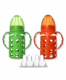 Naughty Kidz Premium Glass Feeding Bottle with Teats Handle and Cover Set of 2 - 120 ml Each