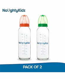 Naughty Kidz Premium Glass Feeding Bottle with Teat Set of 2 - 240 ml Each