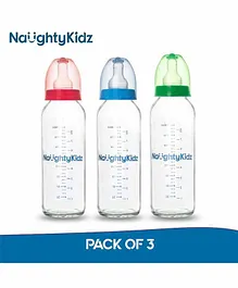 Naughty Kidz 3 Glass Feeding Bottles With 6 Nipples Green Blue Pink - 240 ml Each