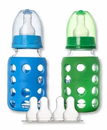Naughty Kidz 2 Glass Feeding Bottles With Warmer & 4 Nipples Green Blue - 120 ml each