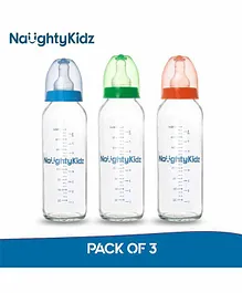 Naughty Kidz 3 Glass Feeding Bottles With 6 Nipples Green Blue Orange - 240 ml Each