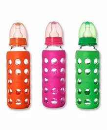 Naughty Kidz Premium Glass Feeding Bottles with Warmers & 6 Teats Multicolour - 240 ml Each