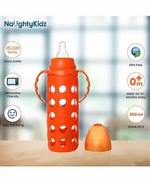 Naughty Kidz Premium Glass Feeding Bottle with 2 Teats Orange - 250 ml