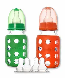 Naughty Kidz Premium Glass Feeding Bottles with Warmers & 4 Teats Green Orange - 120 ml Each
